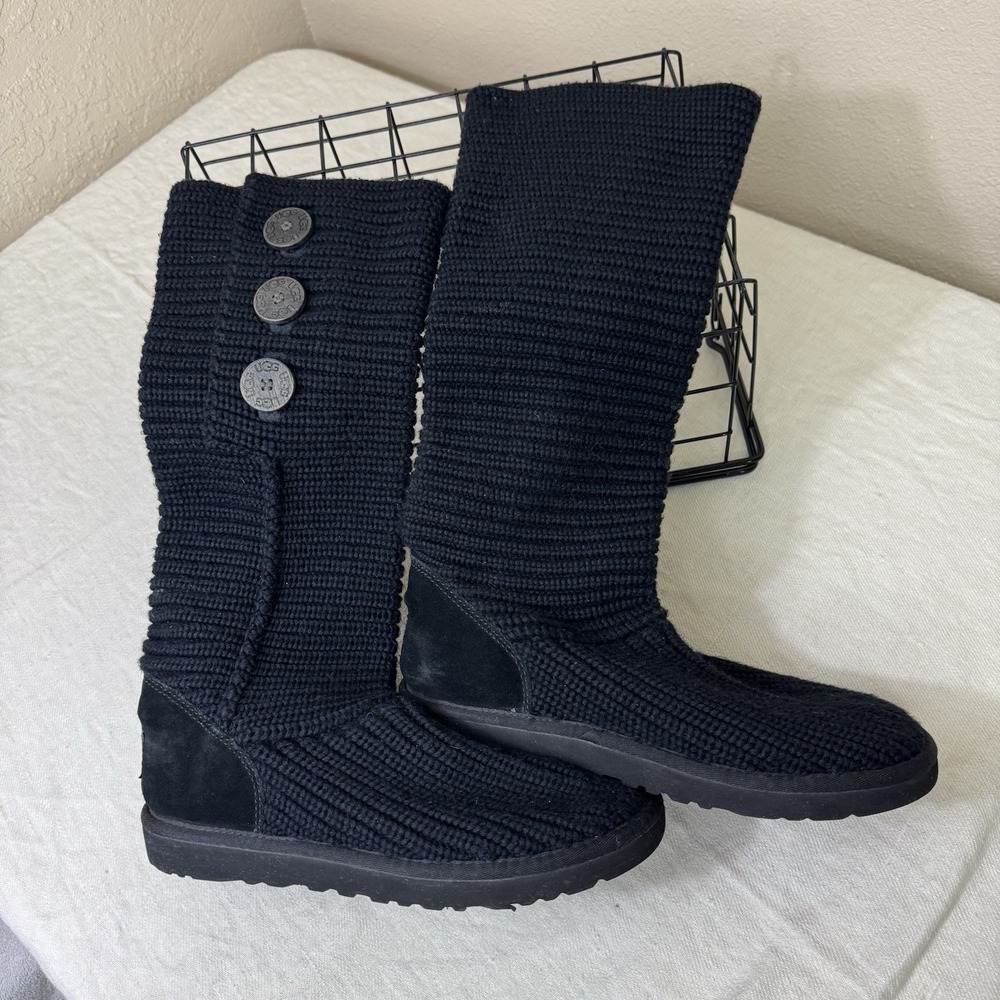 UGG Women's Classic Cardy Knit Black Tall Boots Sz 10 Button Slouchy Winter Cozy